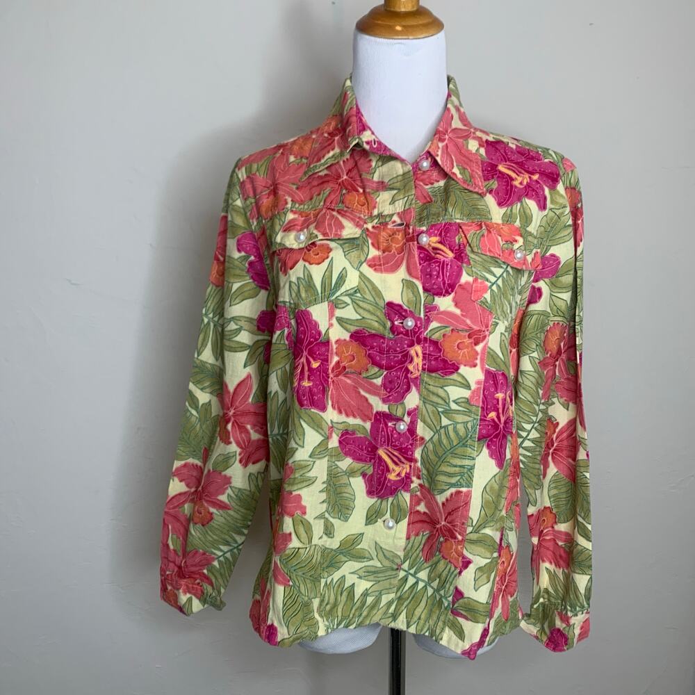 Vtg Floral Cotton Pearl Button Jacket Medium Pink